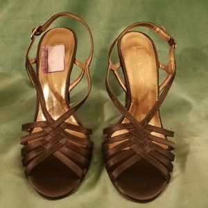 Nicole Miller brown satin dressy wedges sz 9.5
